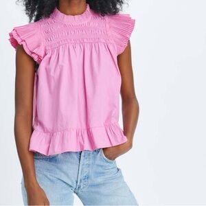 Pink Smocked Flutter Sleeve Blouse